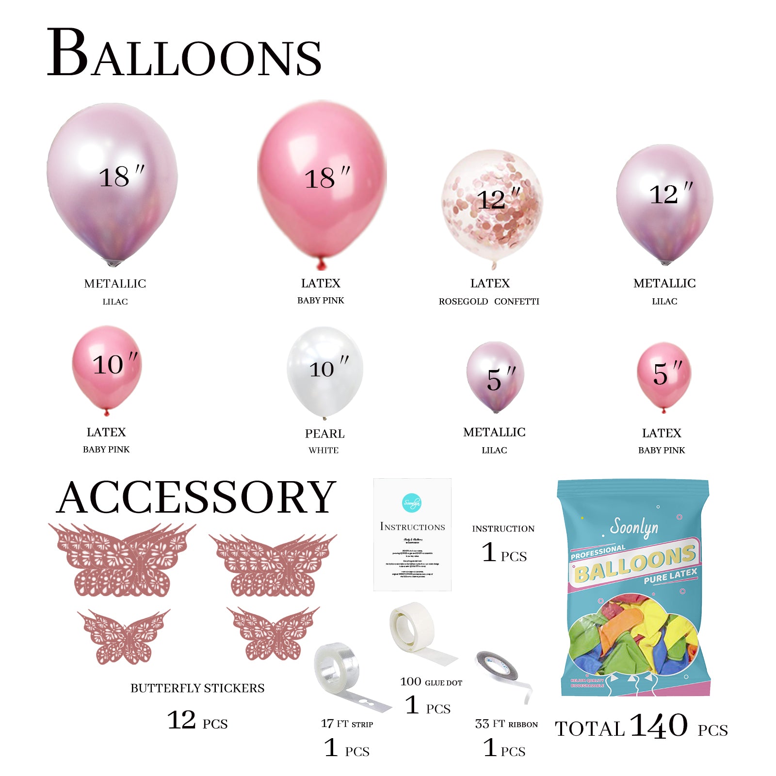 Soonlyn Pink Balloon Garland Kit 130 Pcs 12 inch Rose Gold Pink White Party Balloons Arch for Baby Shower Girl Bridal Shower Birthday Party